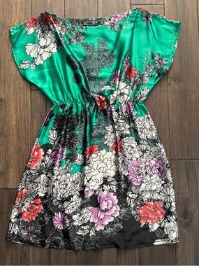 Trf Green Multi Floral Satin Kimono Summer Dress S